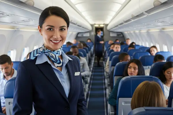 Cabin crew stands in the aisle while passengers are seated on board