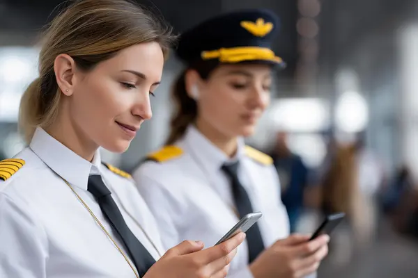 Two female pilots using smartphones