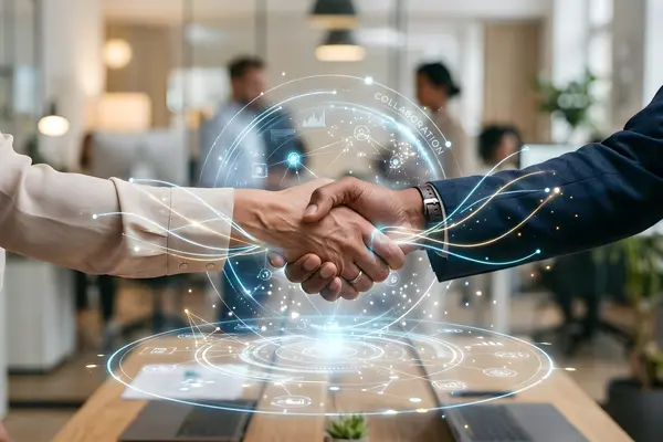 Handshake overlaid with digital network visualization