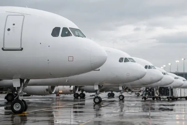Multiple commercial aircraft lined up on an airport apron in wet weather conditions