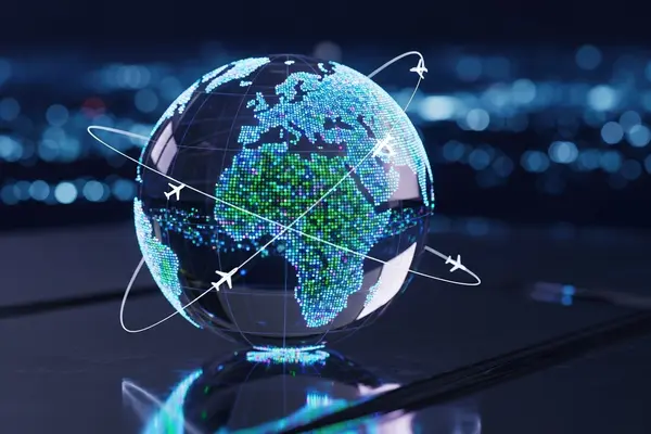 Digital globe with flight paths and aircraft icons representing global air traffic connectivity