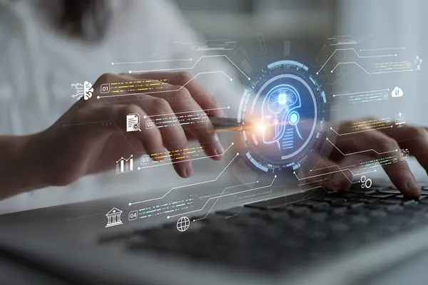 Digital interface with AI symbols for processing and analyzing data on a laptop