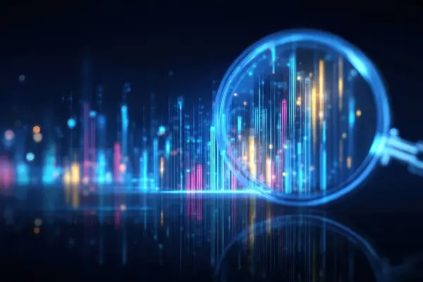 Magnifying glass over digital charts representing data analysis and trends