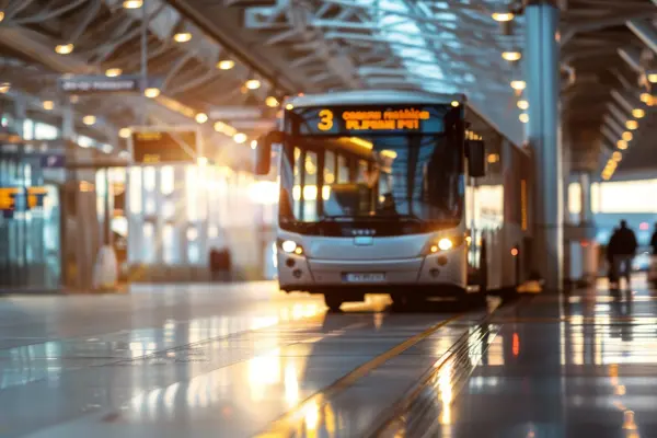 Airport bus driving through a terminal area with departure displays and passengers