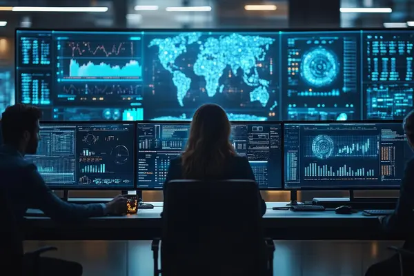 Team monitors global data and systems on large screens in a control center