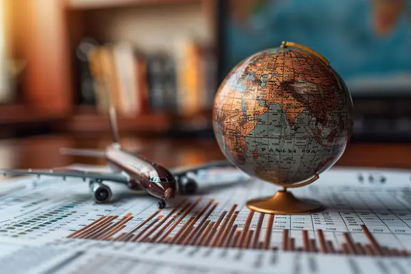 Globe and aircraft model on financial charts