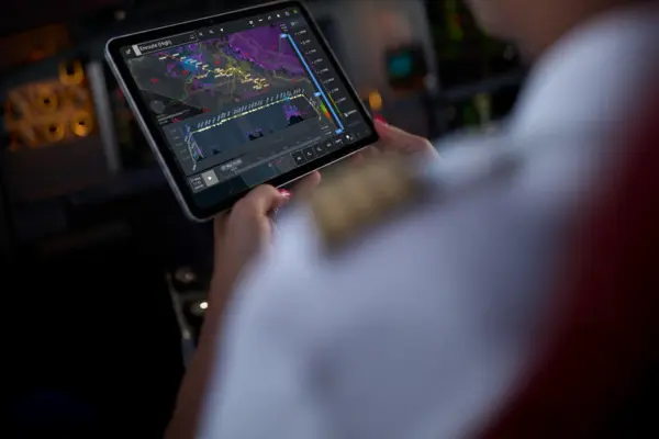 Tablet displays enroute flight map with route, weather data, and altitude profile