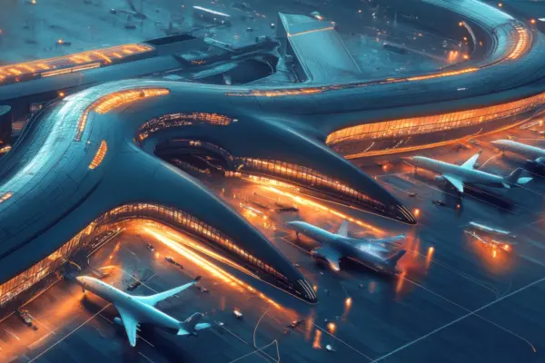aerial view of an airport with planes parked at the gates and the terminal