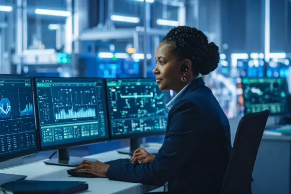 Intensely Focused Black Female Logistics Expert at Advanced Control Console Monitoring AI Data in High-Tech Operations Center for Future Supply Chain