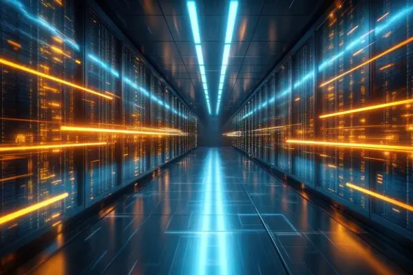 Symmetrical data collision and network synchronization. Fiber optic communication and global connectivity. Blue and orange light rays converging toward a central point on a circuit floor