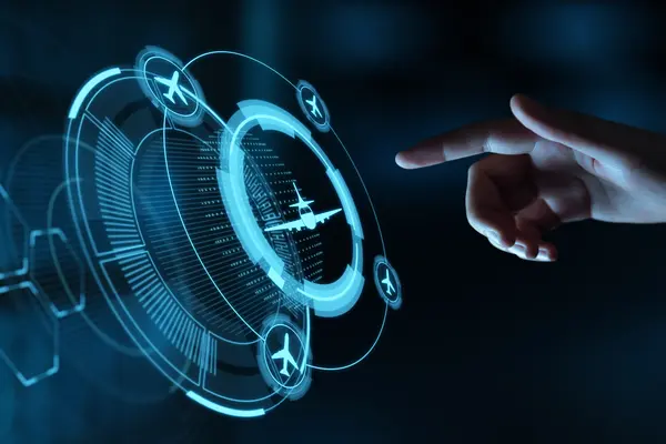 Digital aviation interface with aircraft symbols and connected flight movements