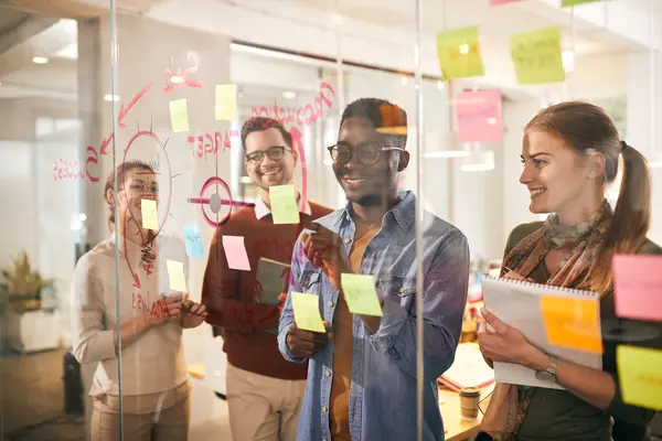 Team working with sticky notes and sketches on a shared planning board