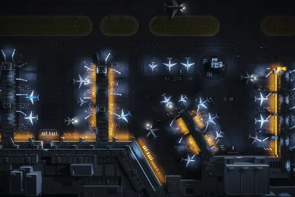 Airport at night from above with aircraft at gates and illuminated taxiways.