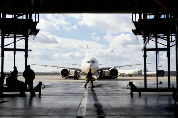 Aircraft in a hangar during maintenance or ground handling activities