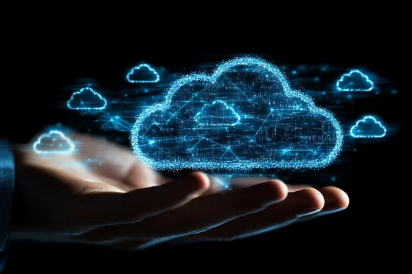 Digital cloud visualization with connected cloud icons above an open hand