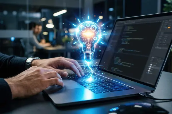 Laptop displaying code with a digital lightbulb symbol representing innovation