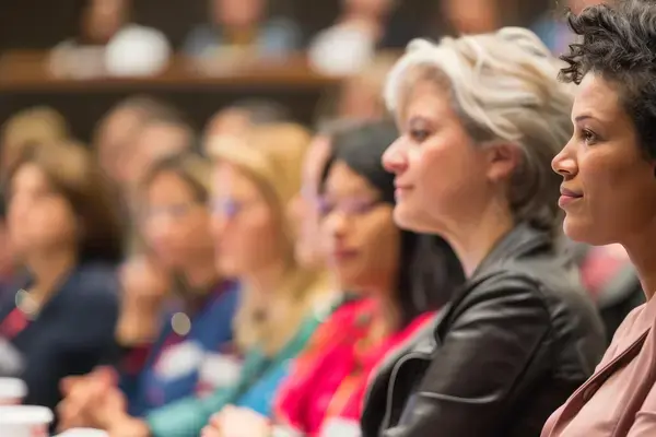 a mainly female audience listening and watching