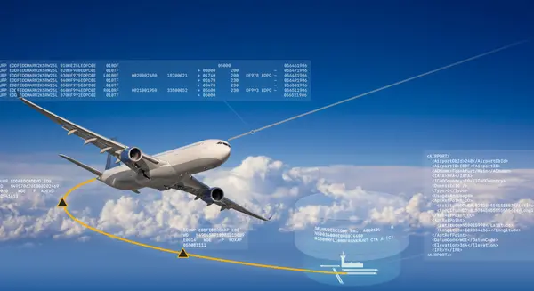 Airplane in the sky with aeronautical date arranged arount it