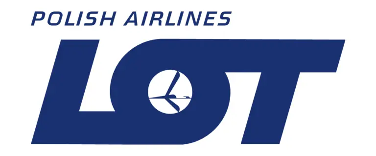 The Polish Airlines (LOT) logo. It is a stylized white crane in flight on a blue background. The word "POLISH AIRLINES" is written in white above the crane, and "LOT" is written in red below it.