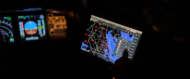 Bildschirm bei Nacht im Flugzeugcockpit mit Lido eRoute Manual