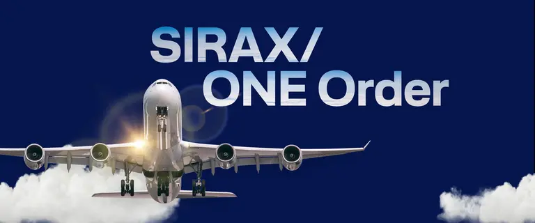 Airplane in front of clouds with SIRAX/ONE Order lettering, Lufthansa Systems software for efficient financial processes