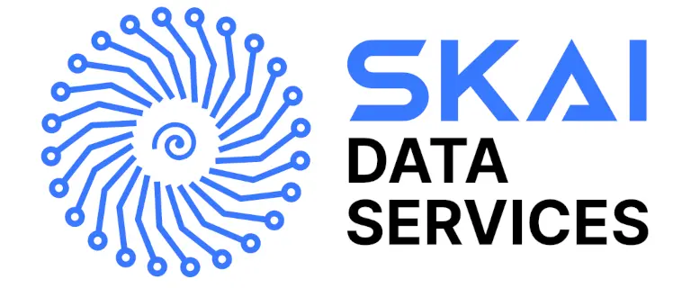 SKAI Data Services Logo mit stilisiertem kreisförmigen Daten‑ und Leitungssymbol