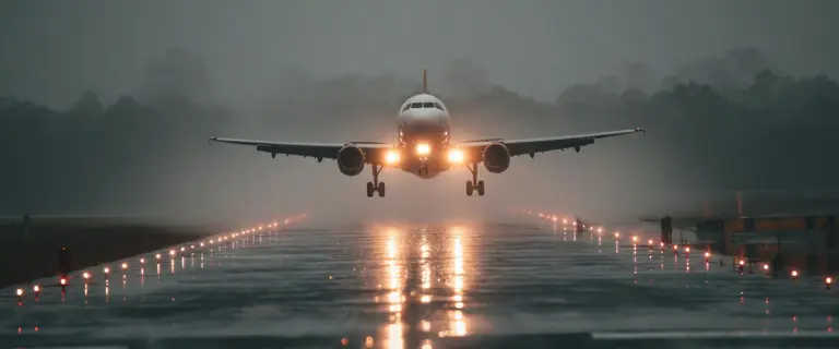 Commercial aircraft on final approach to a wet runway in challenging weather conditions