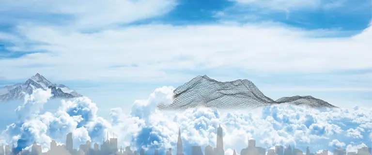 Cloudscape with visualized terrain and surface structures above a city, representing surface and elevation data