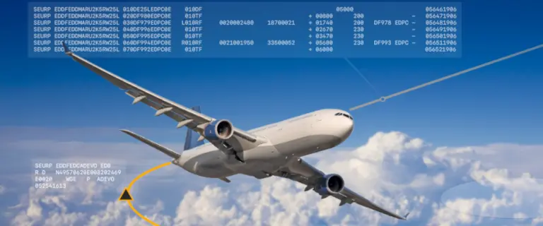 Commercial aircraft in cruise flight with overlaid flight data and technical information
