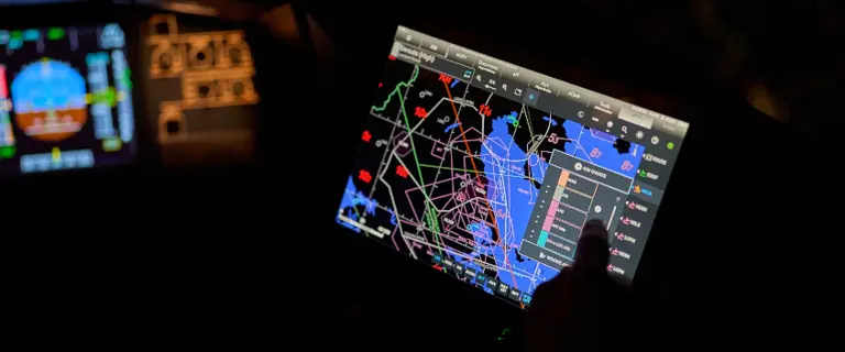 Digital cockpit displays showing navigation maps and flight data