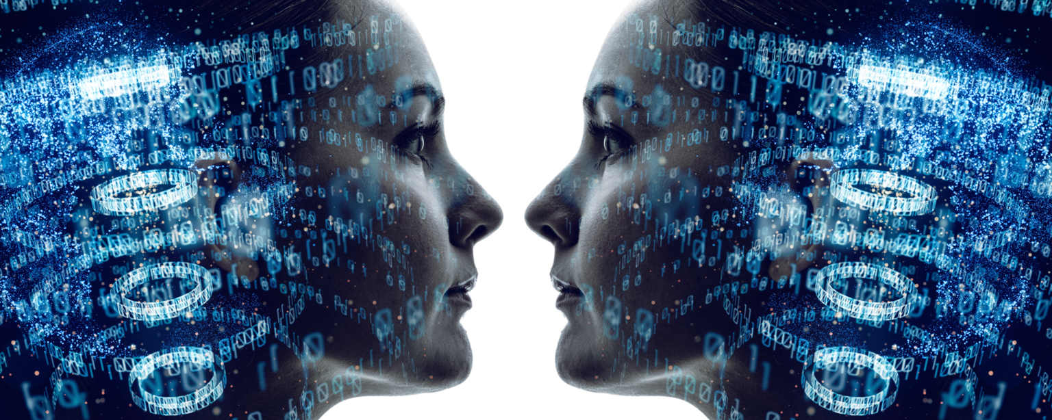 Futuristic image in which two identical-looking female faces face each other. Digital inserts are embedded in their heads.