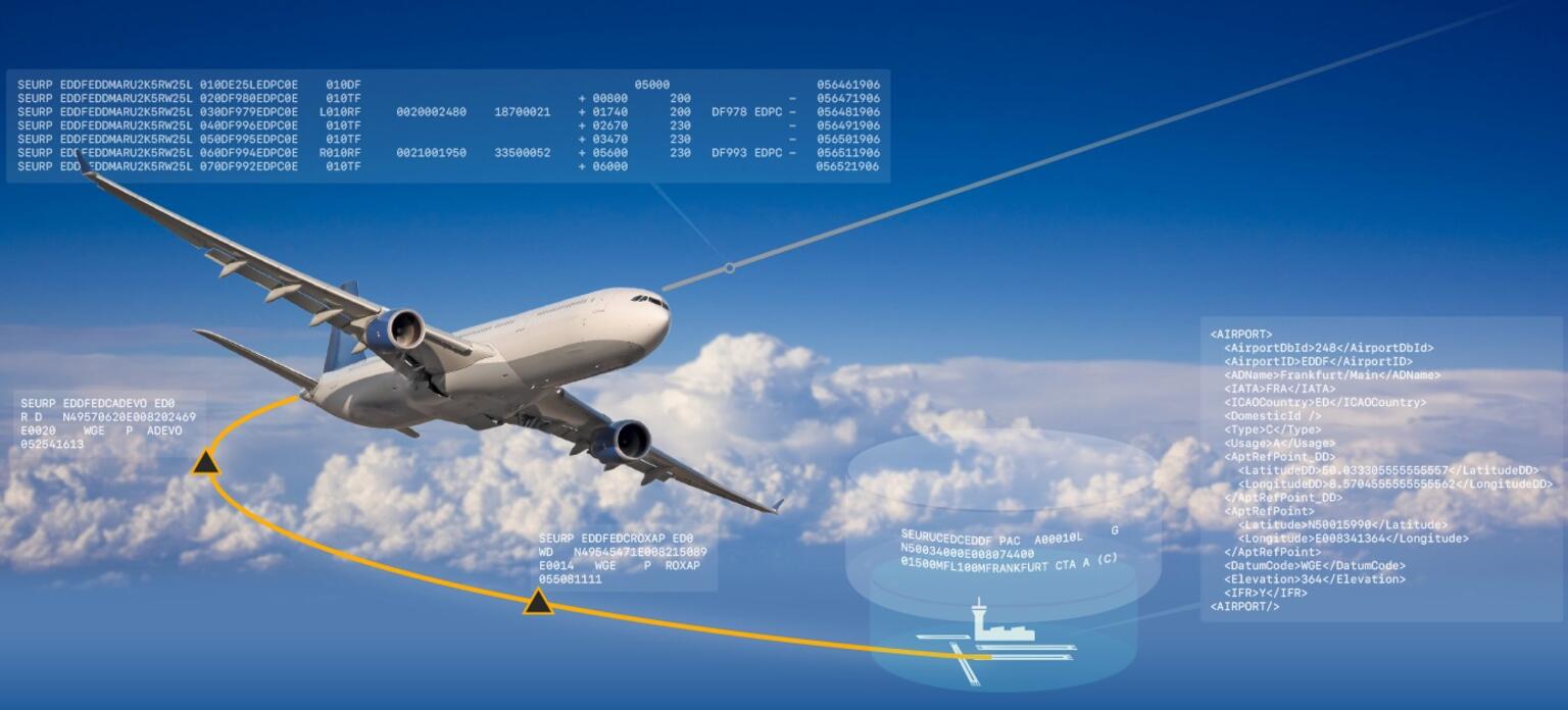 plane in the sky with aeronautical navigation data