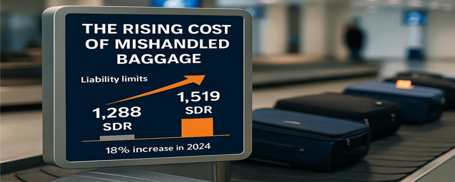 A busy airport baggage claim area featuring several colorful suitcases on a conveyor belt. A large digital display reads “THE RISING COST OF MISHANDLED BAGGAGE,” with a bar graph showing an 18% increase in liability limits for 2024. The background shows a slightly blurred terminal environment with passengers and signage, evoking a modern, data-driven aviation setting.