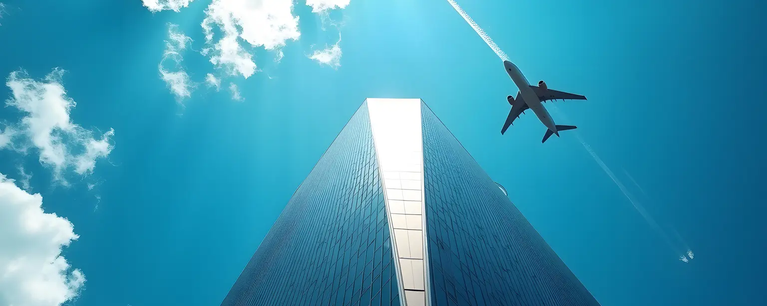 A modern skyscraper with a glass facade, photographed from a low angle, reflecting the sky and clouds. An airplane flies overhead.