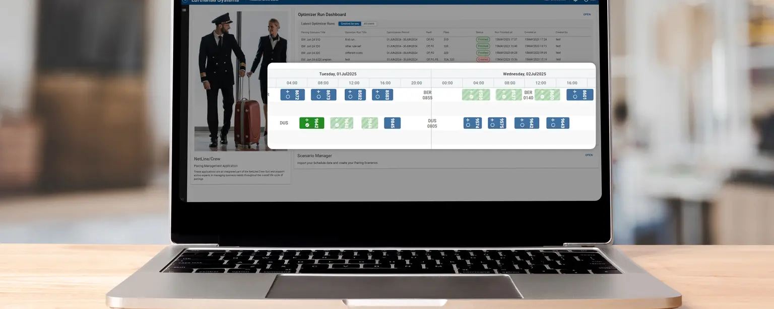 Notebook-Monitor zeigt NetLine Crew Pairing Application
