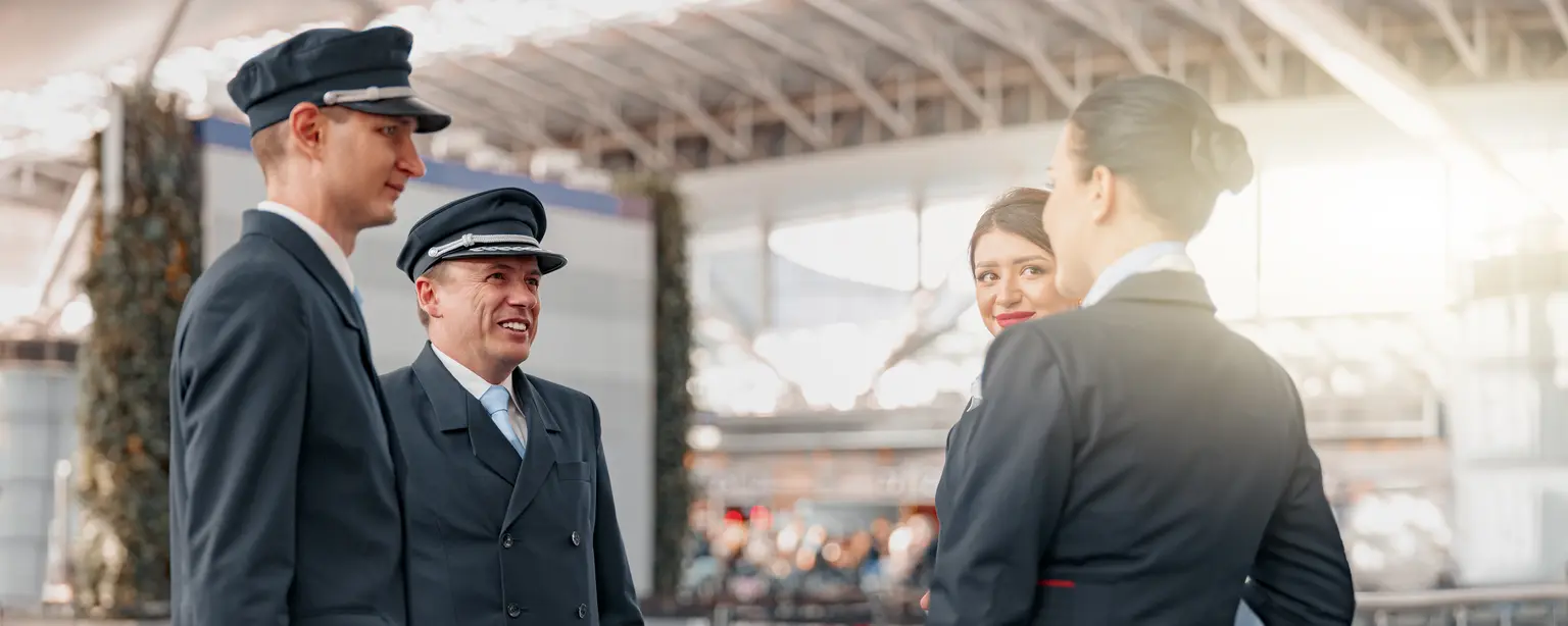 Airport staff in uniform standing together and talking in a modern terminal