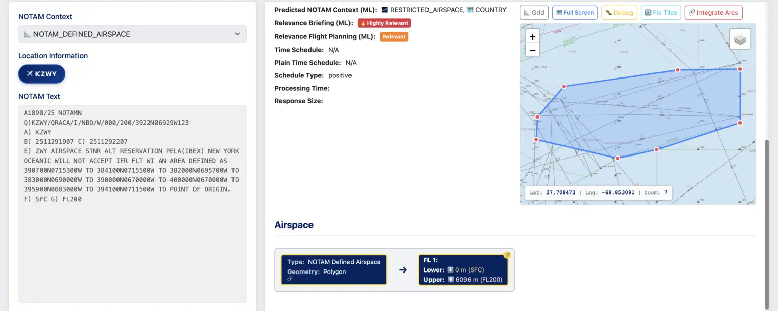 Screenshot of the Lido NOTAM Extractor showing a NOTAM text input, AI-predicted relevance, and a map with a highlighted airspace polygon.