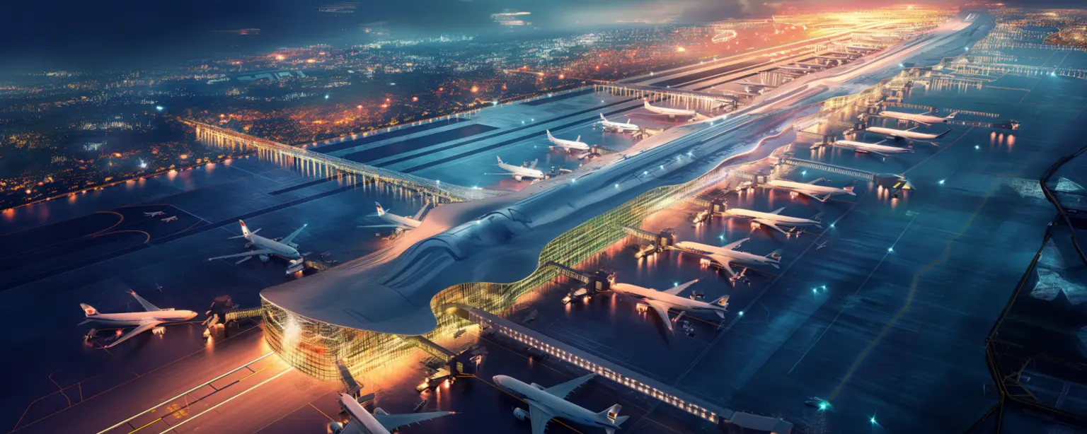A futuristic, high-angle aerial view of a massive airport hub at twilight, featuring glowing terminals and numerous airplanes parked at gates against a sprawling city backdrop.