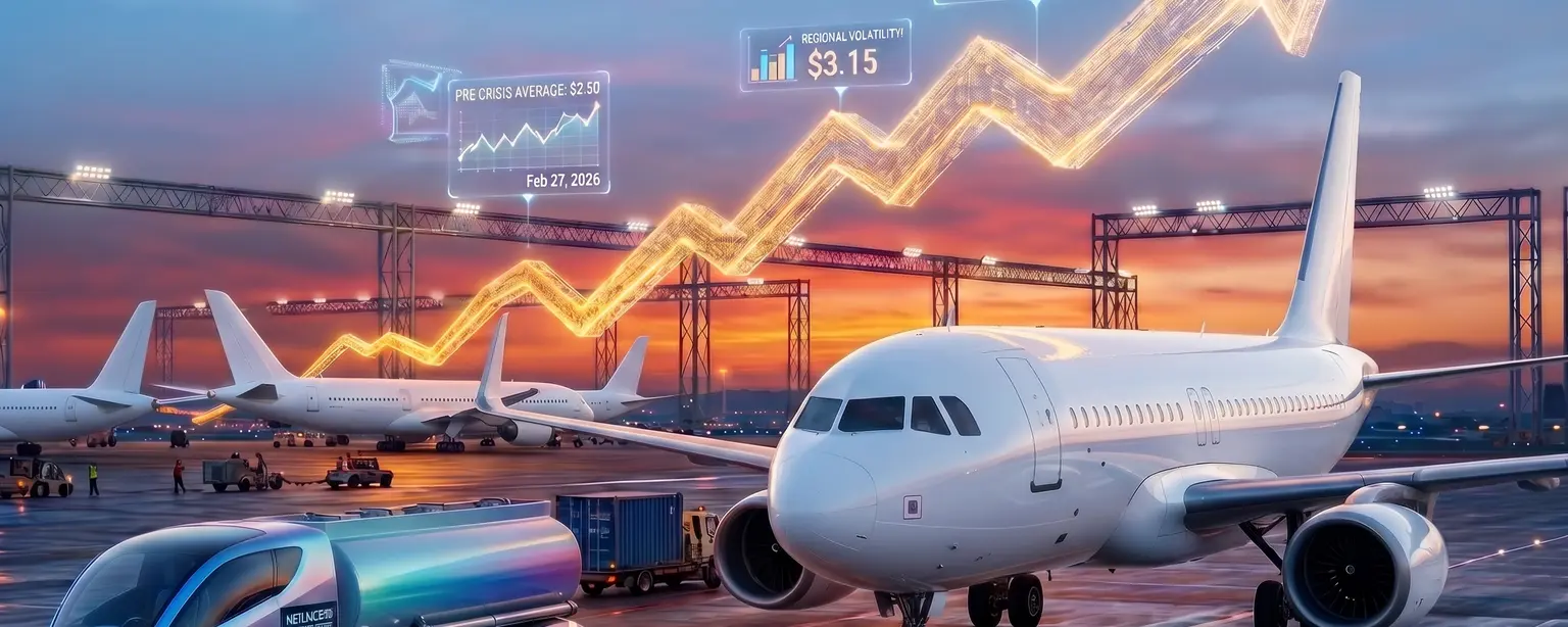Infographic of the 2026 jet fuel crisis showing a price surge from $2.50 to $4.88 per gallon. The image features a battery-powered service truck and a holographic trend line representing airline margin pressure and the need for network planning adaptation.