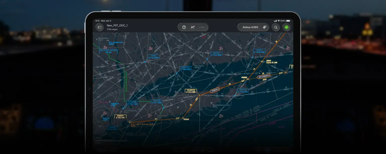 iPad in cockpit showing mPilot in dark mode