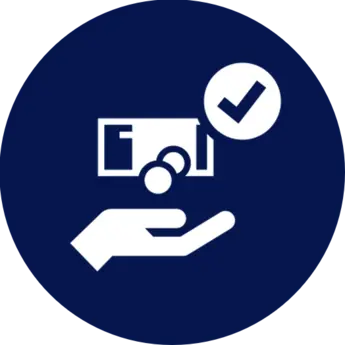 An icon depicting a hand holding a checkmark inside a square box. The hand and box are filled in blue.