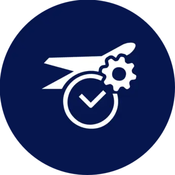 A blue circle with a white silhouette of an airplane, a gear, and a checkmark on a gray background. The Lufthansa logo is also visible in the background.